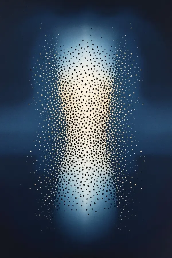 欧美色影院《万物有灵》纪录片海报，藏蓝色调群鸟暮空对称