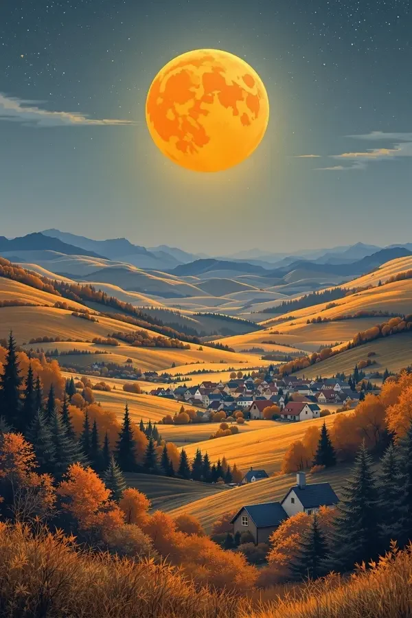 欧美色影院《山月照人》剧照，暖橙色调山村月夜远景