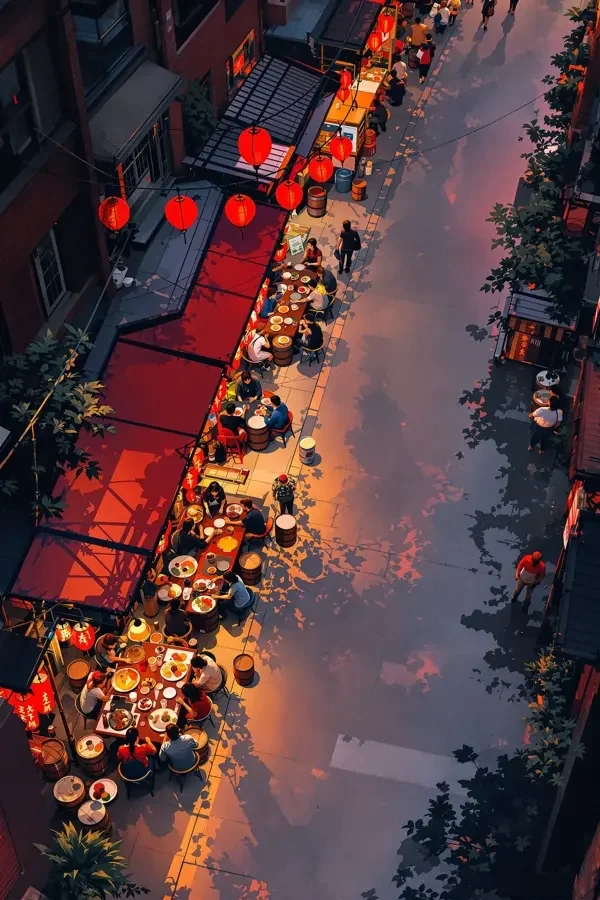 欧美色影院《老街食客》节目海报，绛红色调老街大排档俯拍