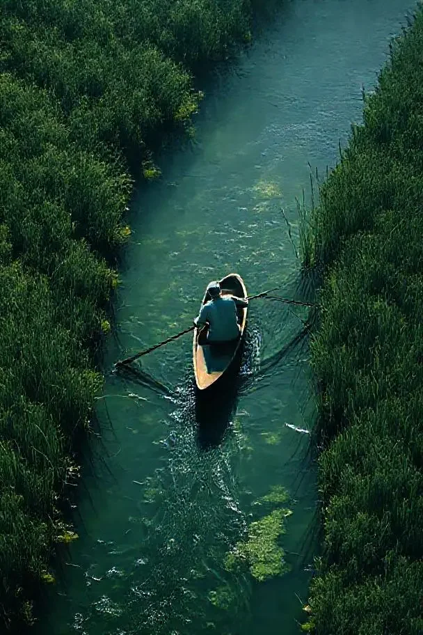 欧美色影院《逆流而上》剧照，墨绿色调逆流撑船对角线