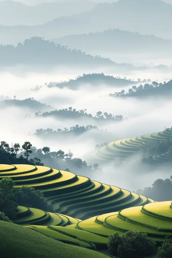 欧美色影院《云上梯田》纪录片海报，雾白色调云海梯田留白