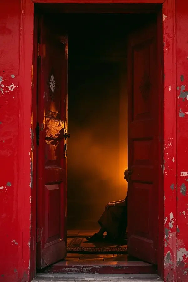 欧美色影院《老城年轮》电影海报,绛红色调门框老者框架构图