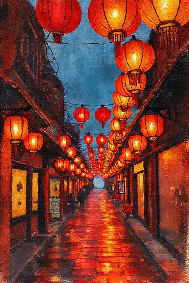 欧美色影院《灯影长街》剧照，绛红色调灯笼长街俯拍