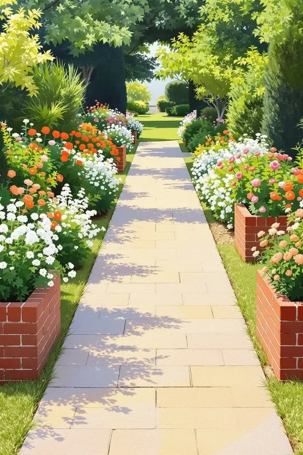 欧美色影院《花园改造家》节目海报，砖红色调花园小径对称