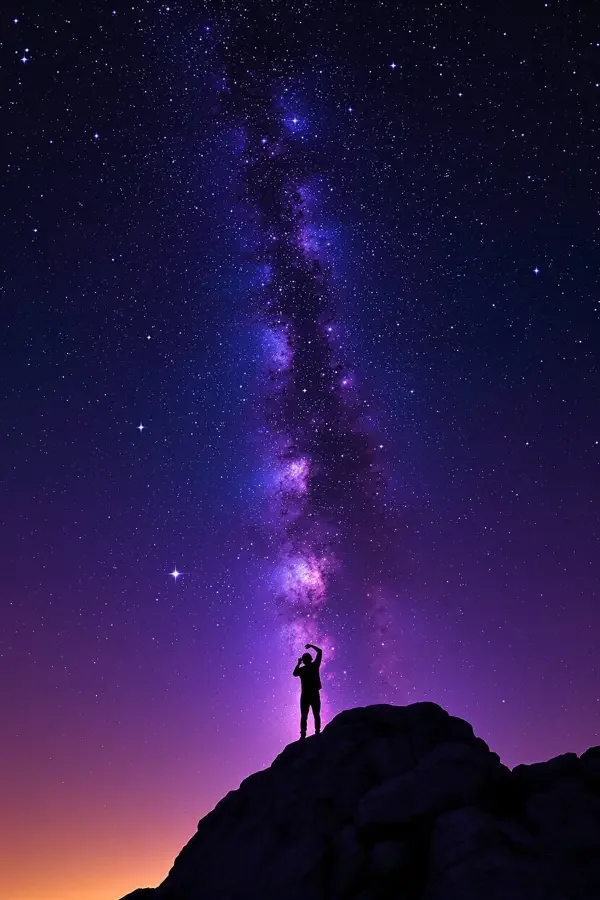 欧美色影院《星野之下》纪录片海报，暗紫色调观星者仰拍