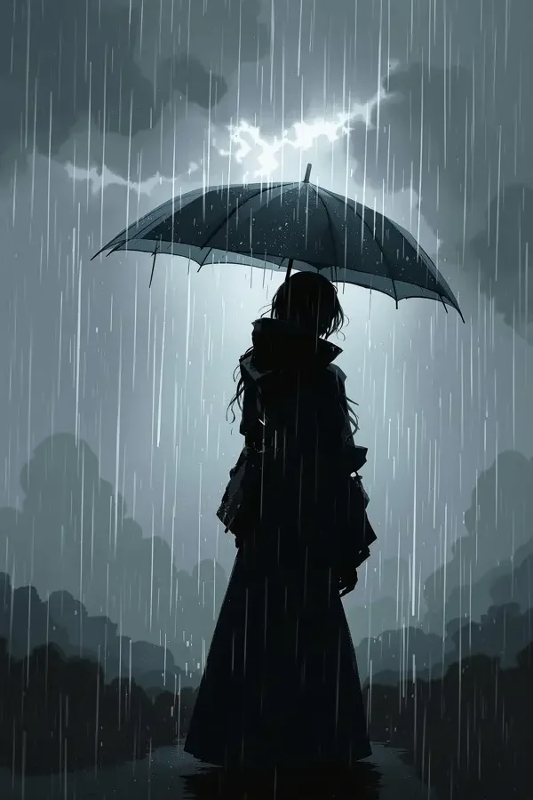 欧美色影院《雨季不再来》剧照，青灰色调雨中少女剪影