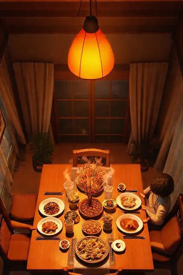 欧美色影院《灯火可亲》剧照，暖橙色调餐桌俯拍