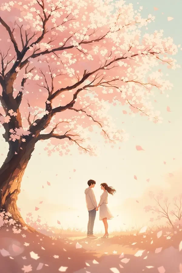 欧美色影院《春日迟来》剧照,绛红色调樱花道对称构图